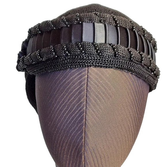 Vintage 40s Black Knit Beaded Snood Satin Rosette Detail - Picture 3 of 14